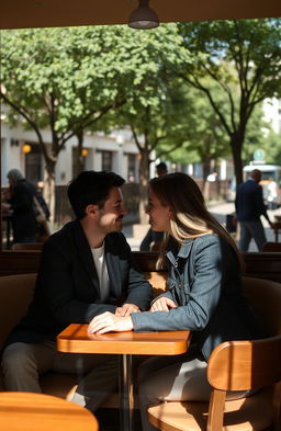 A cozy cafe scene featuring a couple sitting at a table, their expressions showing intimacy yet a feeling of separation