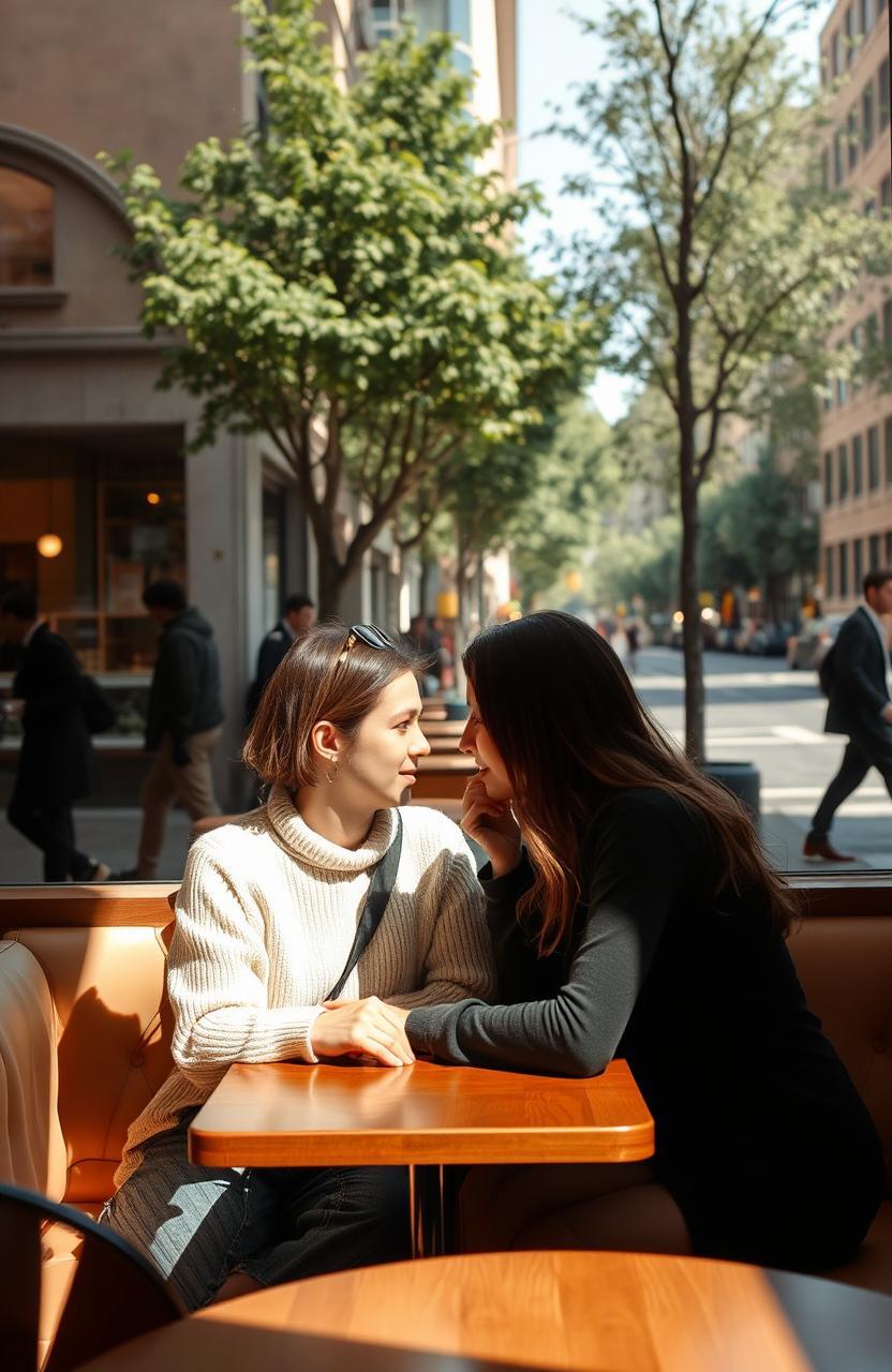 A cozy cafe scene featuring a couple sitting at a table, their expressions showing intimacy yet a feeling of separation