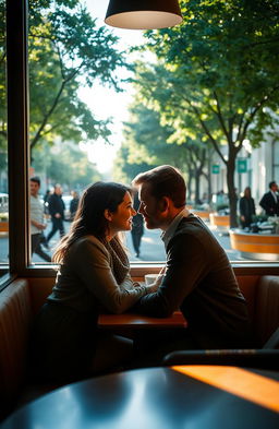 A cozy cafe scene featuring a couple sitting at a table, their expressions showing intimacy yet a feeling of separation