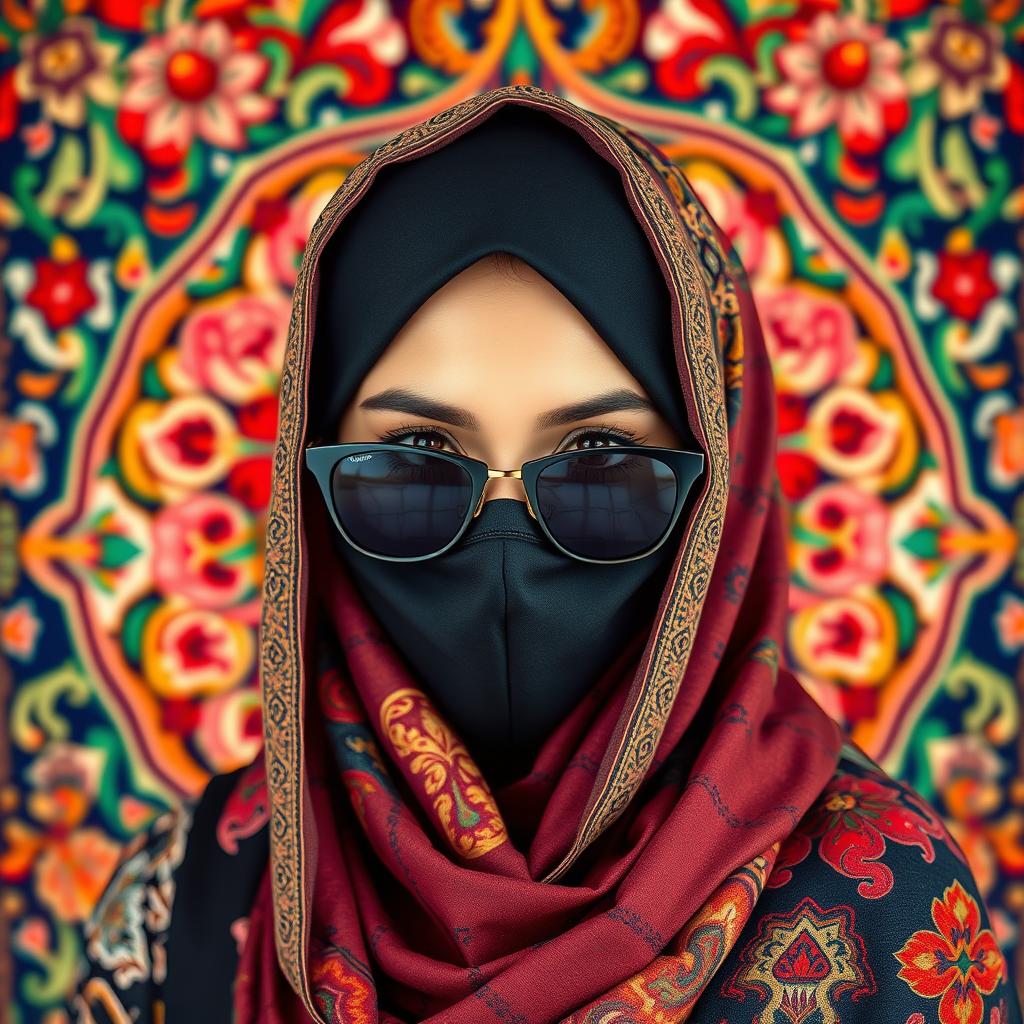 A beautiful Iranian girl wearing a colorful traditional hijab (chador) and a black mask, accessorized with stylish sunglasses