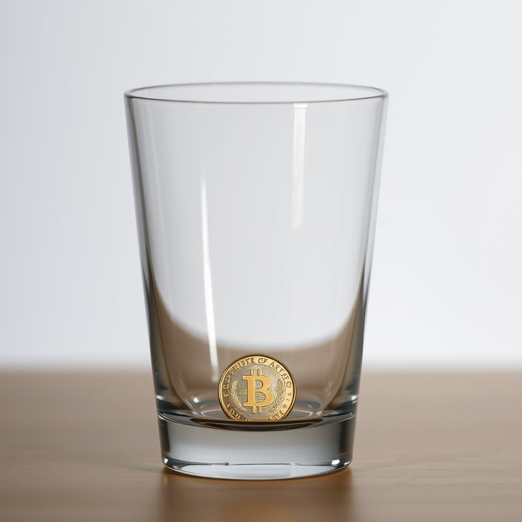 A clear glass filled with a single shiny coin resting at the bottom