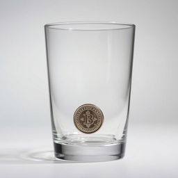 A clear glass filled with a single shiny coin resting at the bottom