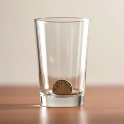 A clear glass filled with a single shiny coin resting at the bottom