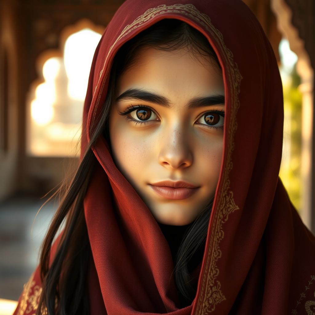 A beautiful Iranian girl wearing a traditional chador, her face framed by the flowing fabric, showcasing large, expressive eyes that capture a sense of wonder