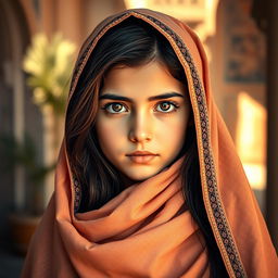 A beautiful Iranian girl wearing a traditional chador, her face framed by the flowing fabric, showcasing large, expressive eyes that capture a sense of wonder