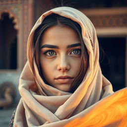 A beautiful Iranian girl wearing a traditional chador, her face framed by the flowing fabric, showcasing large, expressive eyes that capture a sense of wonder