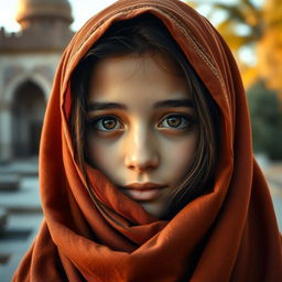 A beautiful Iranian girl wearing a traditional chador, her face framed by the flowing fabric, showcasing large, expressive eyes that capture a sense of wonder