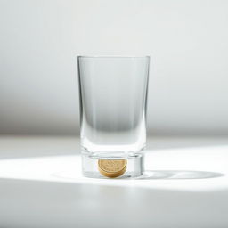 A minimalist composition featuring a single shiny coin resting at the bottom of a clear glass