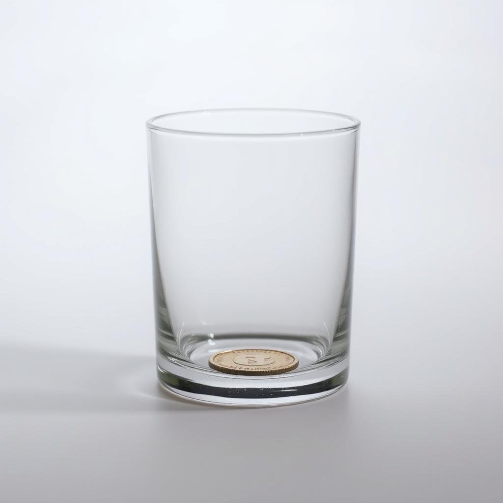 A minimalist composition featuring a single shiny coin resting at the bottom of a clear glass