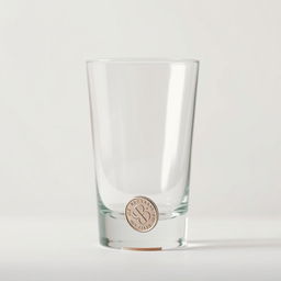 A minimalist composition featuring a single shiny coin resting at the bottom of a clear glass