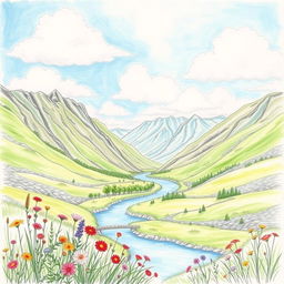 A beautifully detailed hand-drawn art piece depicting a serene landscape