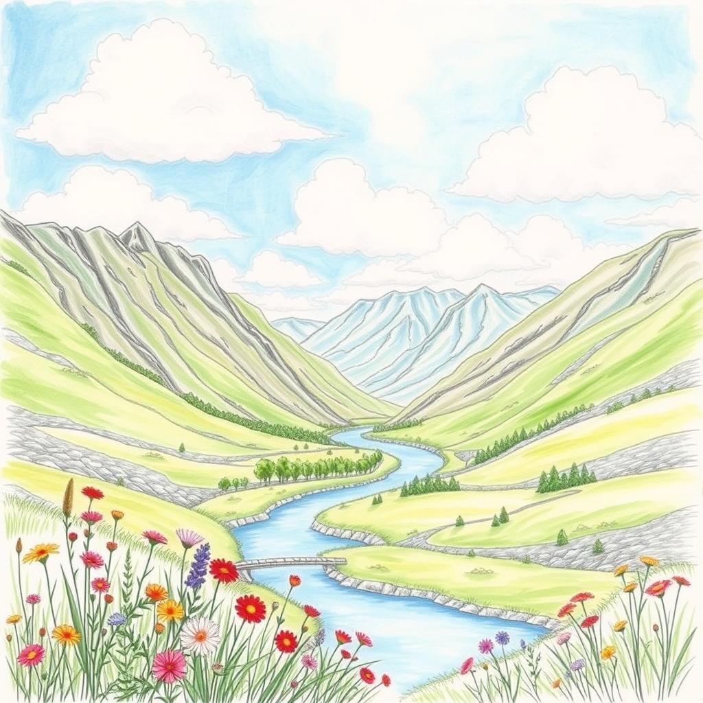 A beautifully detailed hand-drawn art piece depicting a serene landscape