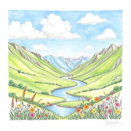 A beautifully detailed hand-drawn art piece depicting a serene landscape