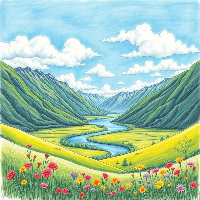 A beautifully detailed hand-drawn art piece depicting a serene landscape