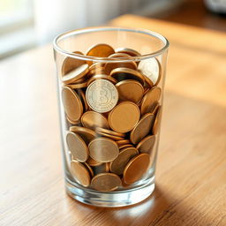 A clear glass filled to the brim with shiny coins of various denominations, reflecting light with a warm golden glow