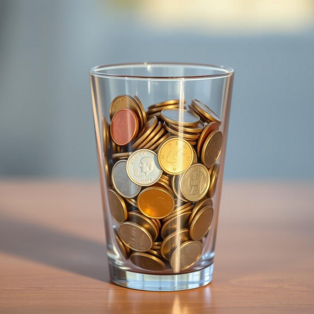 A clear glass filled to the brim with shiny coins of various denominations, reflecting light with a warm golden glow