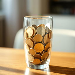 A clear glass filled to the brim with shiny coins of various denominations, reflecting light with a warm golden glow