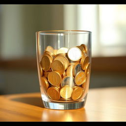 A clear glass filled to the brim with shiny coins of various denominations, reflecting light with a warm golden glow