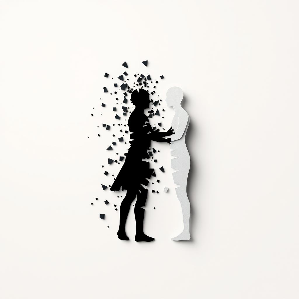 A captivating, 8K high-resolution image featuring two contrasting silhouettes against a solid, neutral background