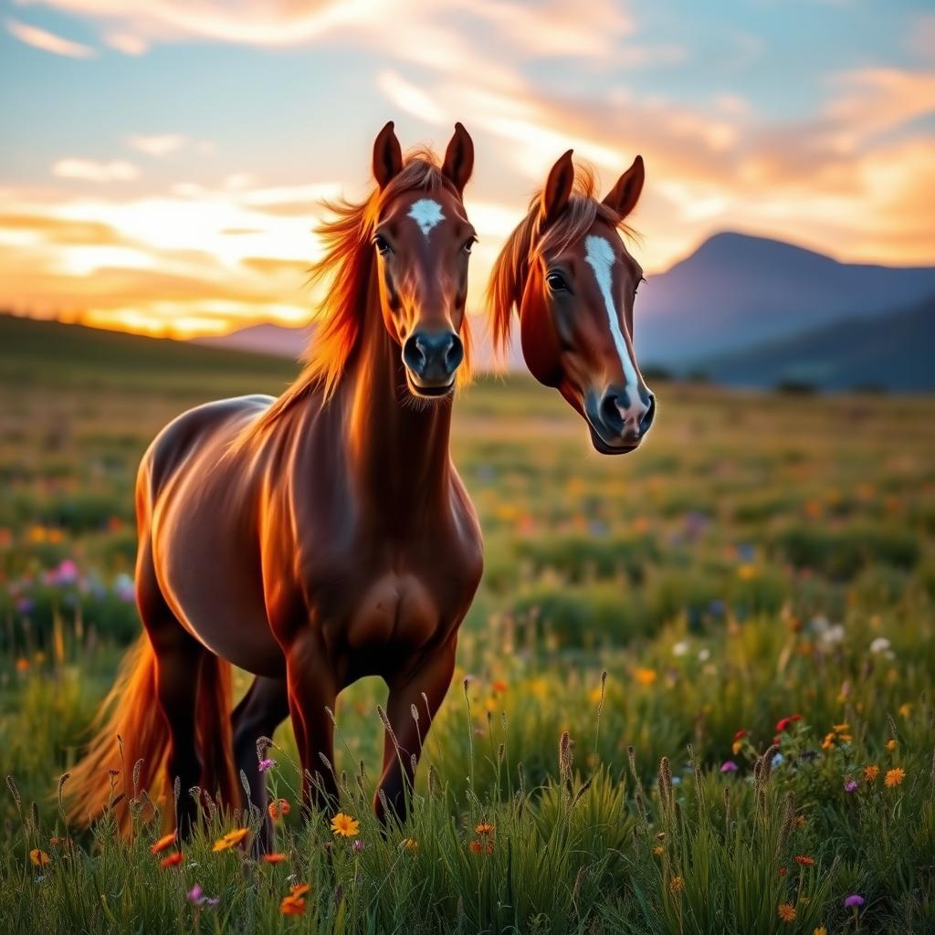 A majestic horse in a beautiful meadow during sunset, the golden light illuminating its sleek brown coat, surrounded by colorful wildflowers and tall green grass