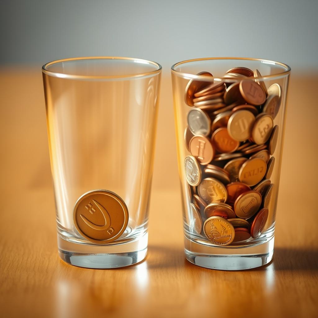 A visual composition featuring two identical transparent glasses placed on a smooth wooden surface