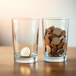 A visual composition featuring two identical transparent glasses placed on a smooth wooden surface