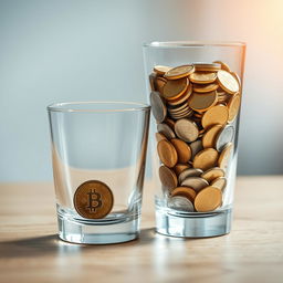A visual composition featuring two identical transparent glasses placed on a smooth wooden surface