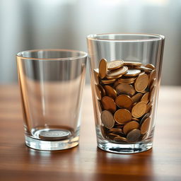 A visual composition featuring two identical transparent glasses placed on a smooth wooden surface