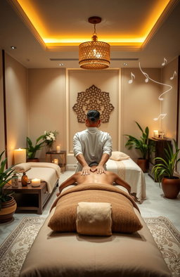 A luxurious and serene interior of a massage center named Jameela Spa in Ajman, showcasing a peaceful ambiance with soft lighting and elegant decor