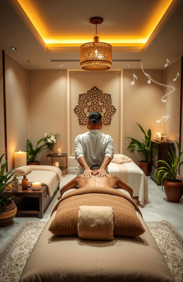 A luxurious and serene interior of a massage center named Jameela Spa in Ajman, showcasing a peaceful ambiance with soft lighting and elegant decor