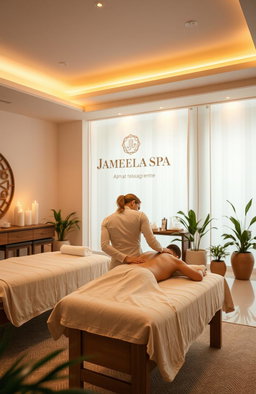 A luxurious and serene interior of a massage center named Jameela Spa in Ajman, showcasing a peaceful ambiance with soft lighting and elegant decor