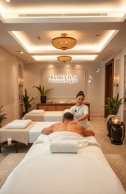 A luxurious and serene interior of a massage center named Jameela Spa in Ajman, showcasing a peaceful ambiance with soft lighting and elegant decor