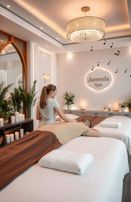 A luxurious and serene interior of a massage center named Jameela Spa in Ajman, showcasing a peaceful ambiance with soft lighting and elegant decor