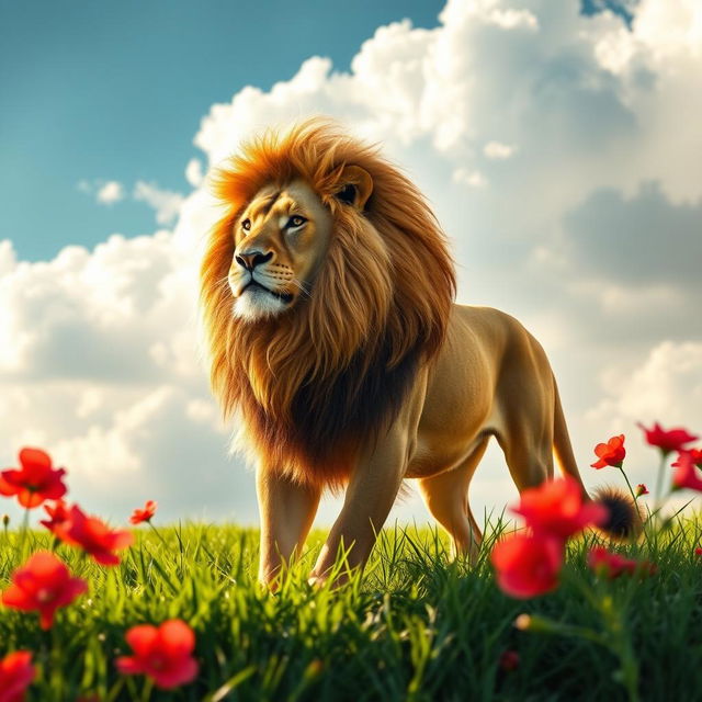 A majestic Persian lion, with a flowing mane and strong posture, stands proud amidst a vibrant background featuring the colors green, white, and red, symbolizing the Iranian flag