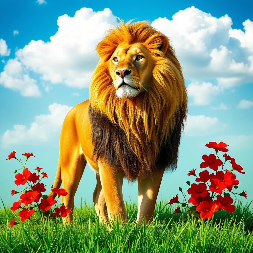 A majestic Persian lion, with a flowing mane and strong posture, stands proud amidst a vibrant background featuring the colors green, white, and red, symbolizing the Iranian flag