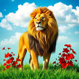 A majestic Persian lion, with a flowing mane and strong posture, stands proud amidst a vibrant background featuring the colors green, white, and red, symbolizing the Iranian flag