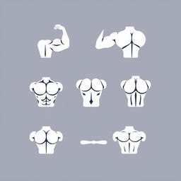 An SVG icon design set for a mobile application, featuring minimalistic style representations of various muscle groups as distinct parts