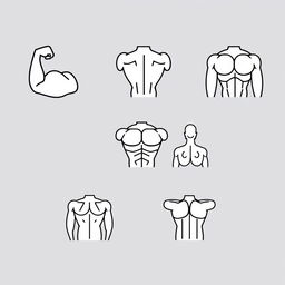 An SVG icon design set for a mobile application, featuring minimalistic style representations of various muscle groups as distinct parts