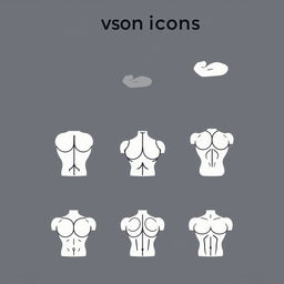 An SVG icon design set for a mobile application, featuring minimalistic style representations of various muscle groups as distinct parts