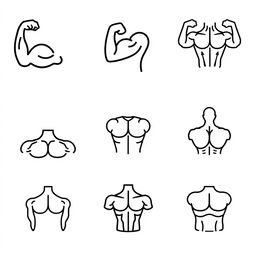 An SVG icon design set for a mobile application, featuring minimalistic style representations of various muscle groups as distinct parts