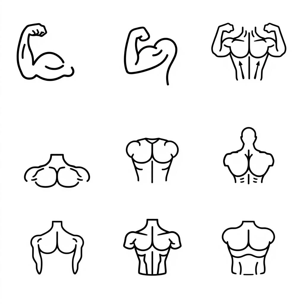 An SVG icon design set for a mobile application, featuring minimalistic style representations of various muscle groups as distinct parts