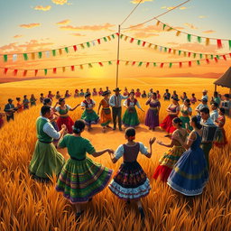 A vibrant ethnic festival scene inspired by 'A Ciranda dos Trigos', showcasing traditional Brazilian culture