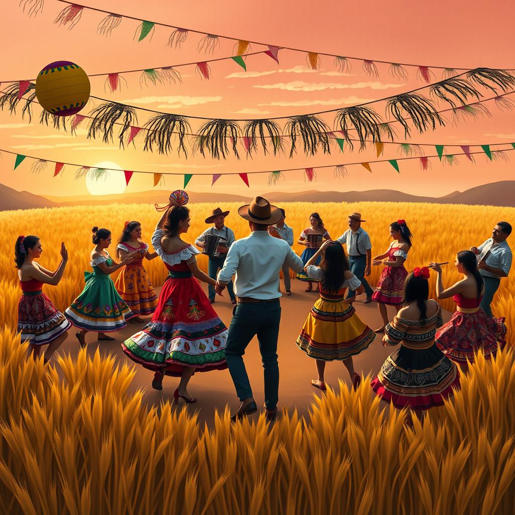 A vibrant ethnic festival scene inspired by 'A Ciranda dos Trigos', showcasing traditional Brazilian culture