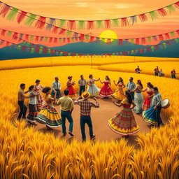 A vibrant ethnic festival scene inspired by 'A Ciranda dos Trigos', showcasing traditional Brazilian culture