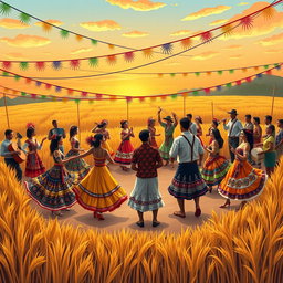 A vibrant ethnic festival scene inspired by 'A Ciranda dos Trigos', showcasing traditional Brazilian culture