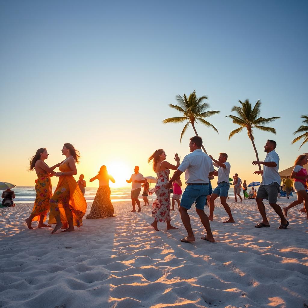 A vibrant beach scene featuring a group of people joyfully engaged in rumba dancing