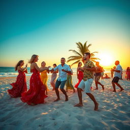 A vibrant beach scene featuring a group of people joyfully engaged in rumba dancing