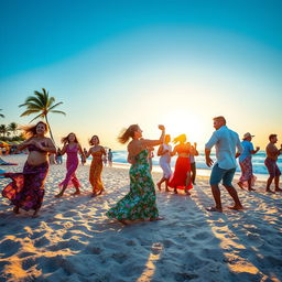 A vibrant beach scene featuring a group of people joyfully engaged in rumba dancing