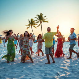 A vibrant beach scene featuring a group of people joyfully engaged in rumba dancing