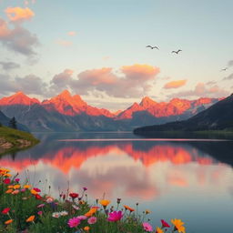 A breathtaking view of a tranquil mountain scene during sunset, featuring majestic peaks bathed in warm orange and pink hues, reflecting in a still lake below